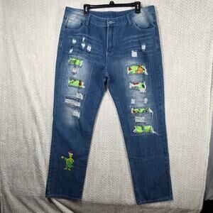 Jeans USA Women 5XL Blue Distressed Patchwork Straight Leg Jeans Holiday Kidcore